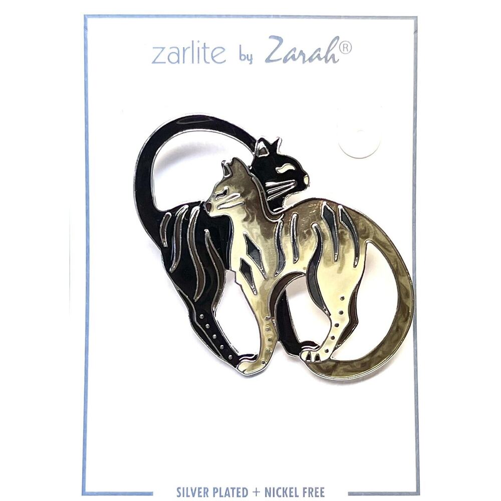 Zarah Looking Back Cat Brooch Cats Pin Silver Plated Enamel